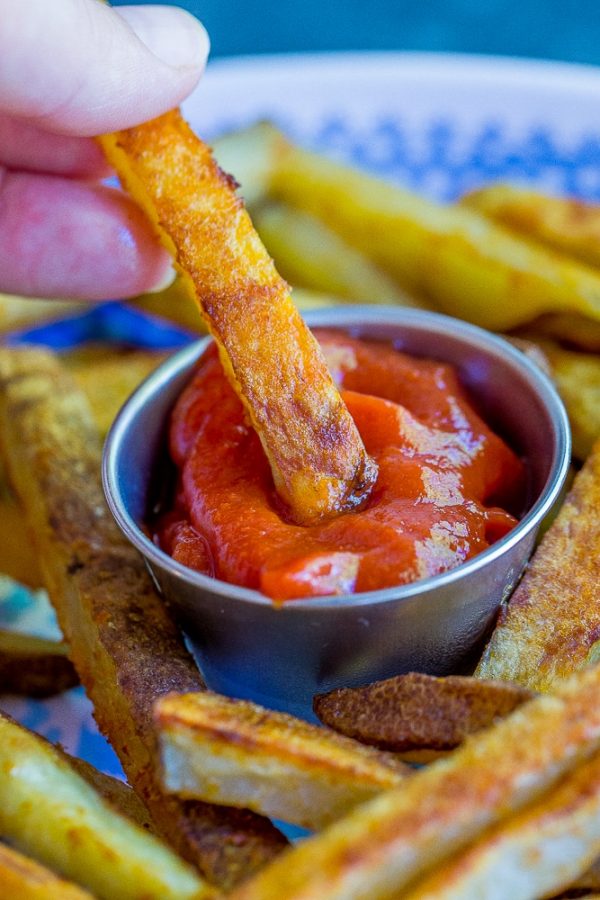 Crispy Baked Coconut Oil French Fries with Red Thai Curry Ketchup She