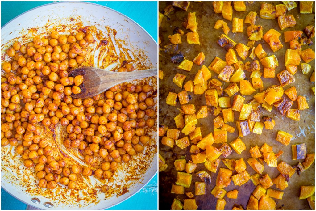 This hearty Roasted Butternut Squash & Sweet Chili Chickpea Salad is great for a lunch or dinner!  It's packed with delicious flavors and perfect for fall!  Gluten free/Vegan/Vegetarian/Salad