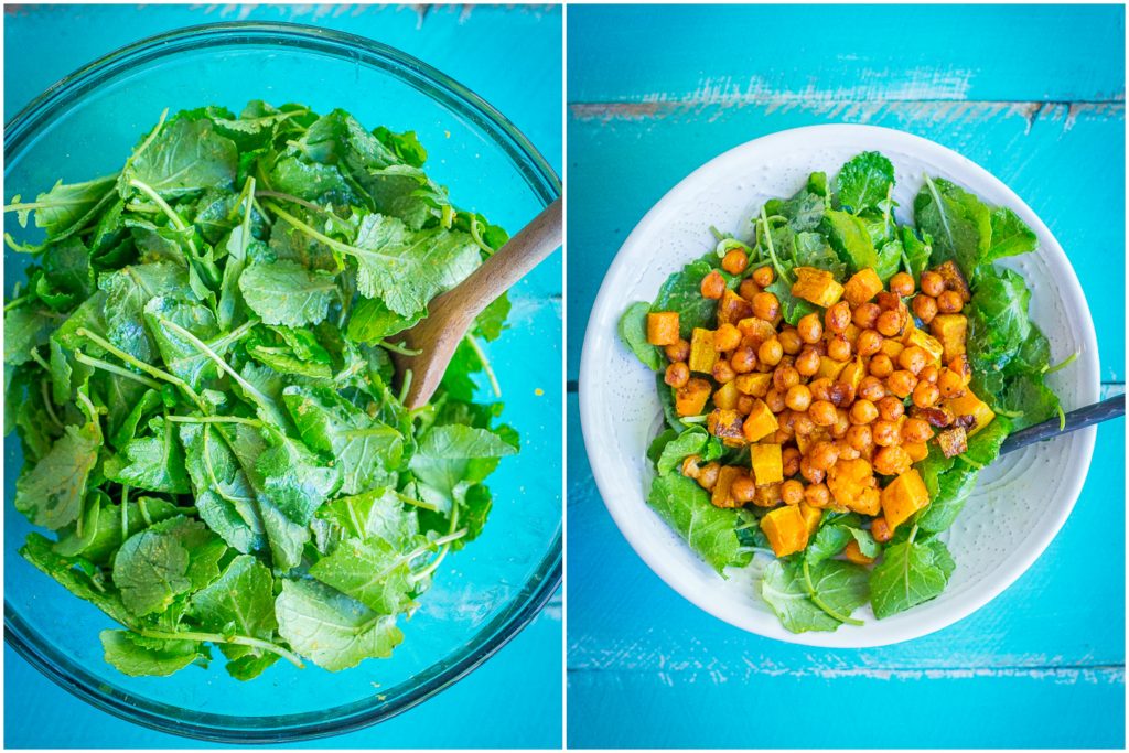 This hearty Roasted Butternut Squash & Sweet Chili Chickpea Salad is great for a lunch or dinner!  It's packed with delicious flavors and perfect for fall!  Gluten free/Vegan/Vegetarian/Salad