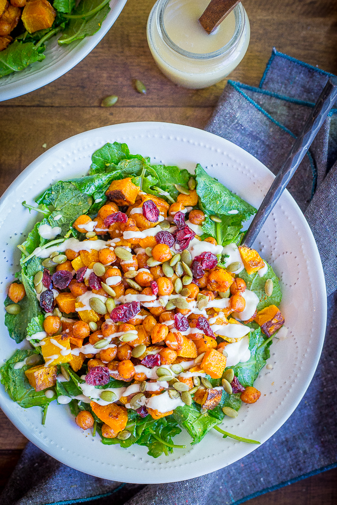 This hearty Roasted Butternut Squash & Sweet Chili Chickpea Salad is great for a lunch or dinner!  It's packed with delicious flavors and perfect for fall!  Gluten free/Vegan/Vegetarian/Salad