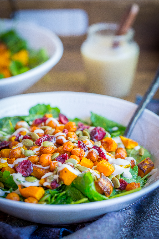 This hearty Roasted Butternut Squash & Sweet Chili Chickpea Salad is great for a lunch or dinner!  It's packed with delicious flavors and perfect for fall!  Gluten free/Vegan/Vegetarian/Salad