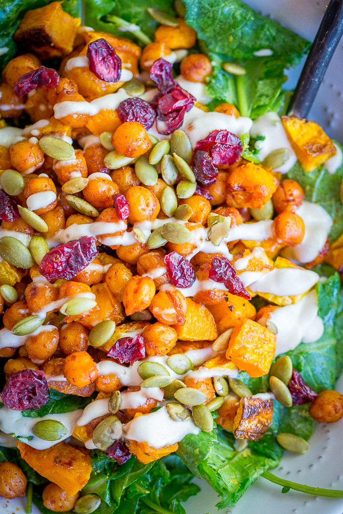 This hearty Roasted Butternut Squash & Sweet Chili Chickpea Salad is great for a lunch or dinner!  It's packed with delicious flavors and perfect for fall!  Gluten free/Vegan/Vegetarian/Salad