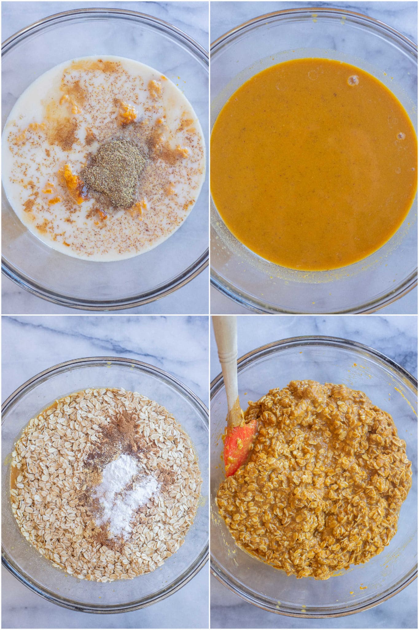 showing how to make the pumpkin pie baked oatmeal batter in one bowl
