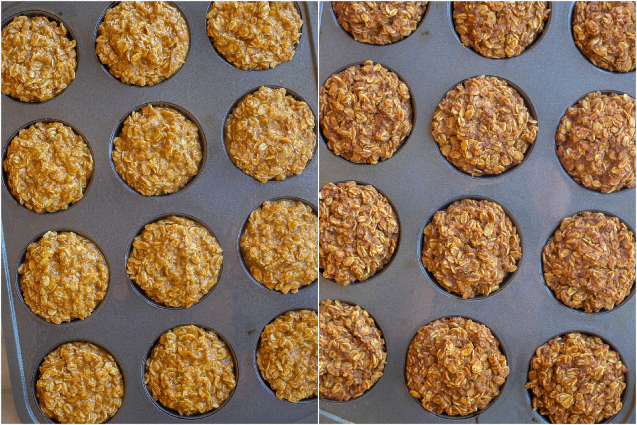 pumpkin baked oatmeal cups before and after they've been baked