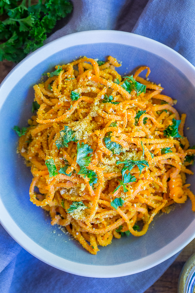 bowl of garlic parmesan roasted sweet potatoes