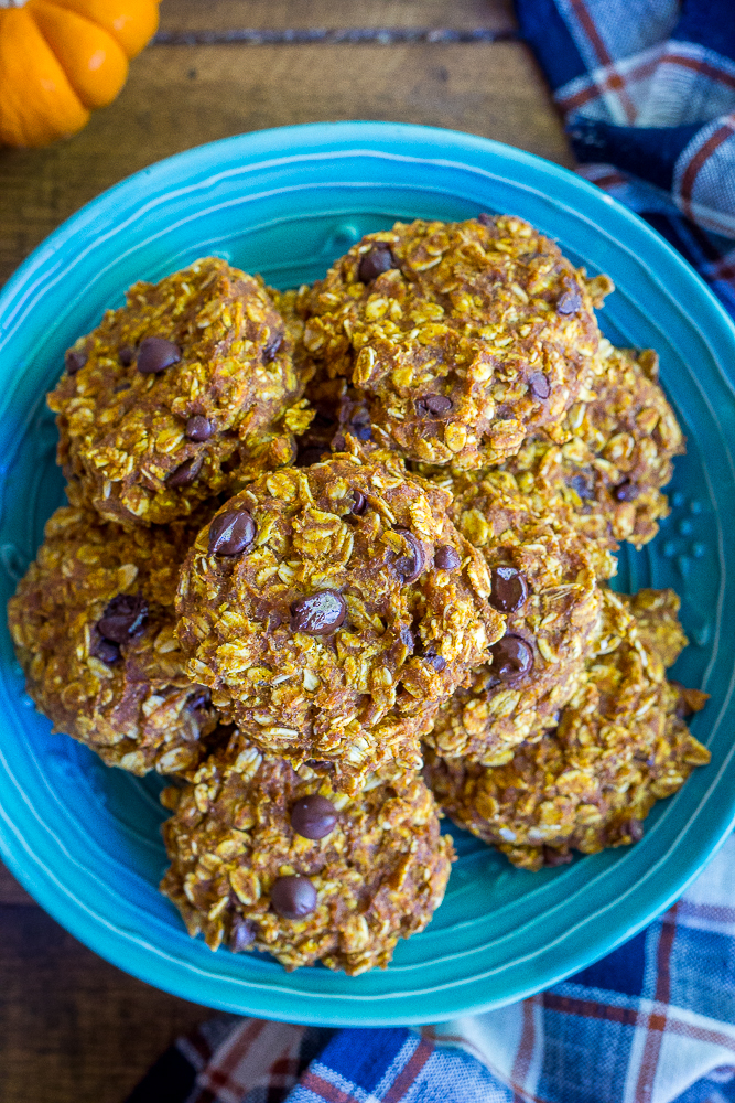 These Healthy Pumpkin Chocolate Chip Oatmeal Cookies are soft, delicious and packed with pumpkin pie flavor! They're great for breakfast or a healthy snack during the day! Gluten Free, Vegan