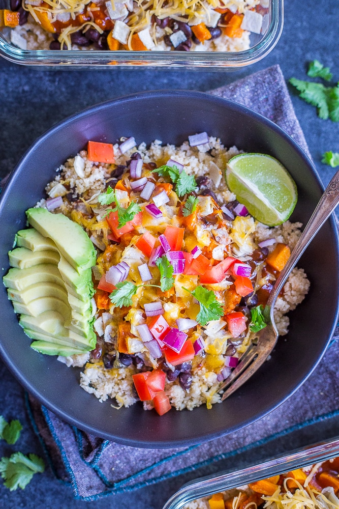 Enchilada Meal Prep Bowls with Butternut Squash and Cauliflower Rice - These delicious and healthy meal prep bowls are also freezer friendly so you can enjoy them whenever you want! They're great for lunch or dinner and easy to make! Gluten free and vegetarian!