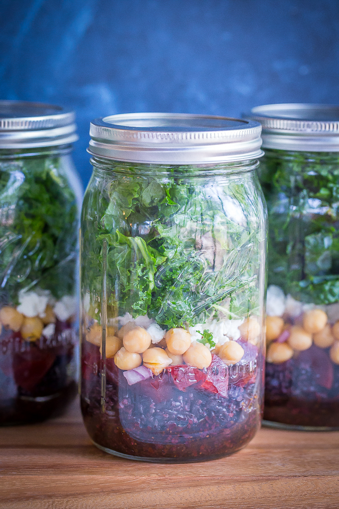 Roasted Beet, Chickpea and Black Rice Meal Prep Salads - These healthy and delicious salads are easy to prep and are great to have around for a quick and easy lunch! Make them on Sunday and have lunch for four days! Gluten free too!