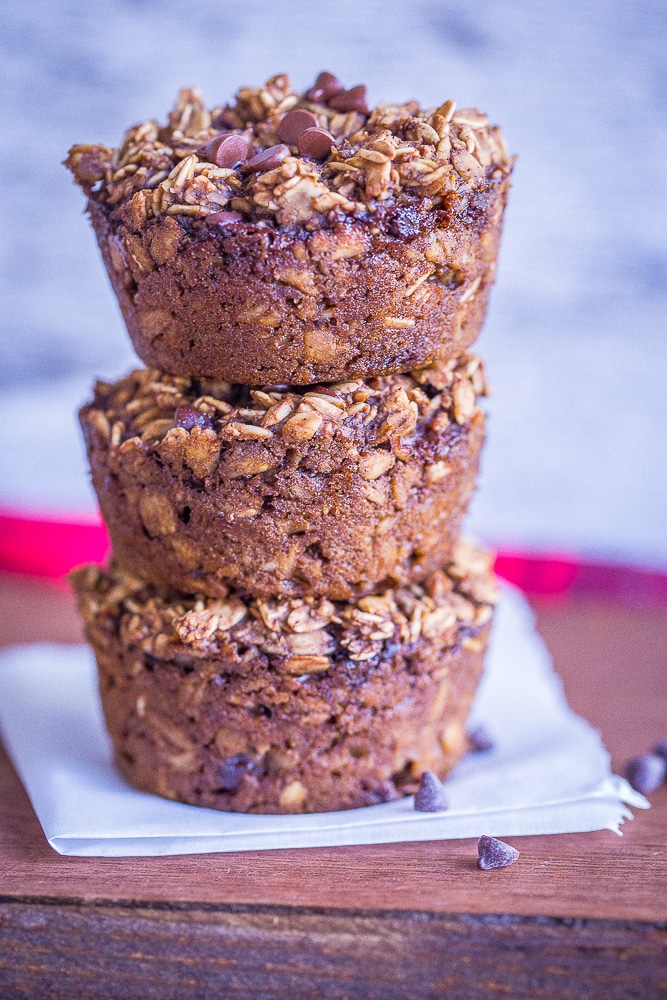 These Gingerbread Baked Oatmeal Cups with Chocolate Chips are a healthy and delicious make ahead breakfast! They're also vegan and gluten free!