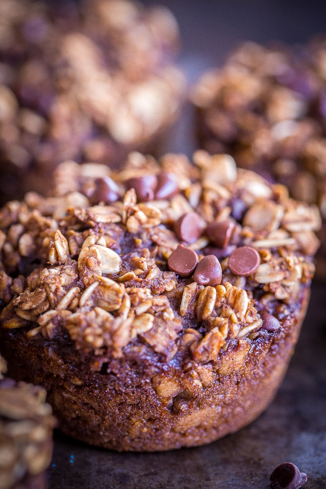 These Gingerbread Baked Oatmeal Cups with Chocolate Chips are a healthy and delicious make ahead breakfast! They're also vegan and gluten free!