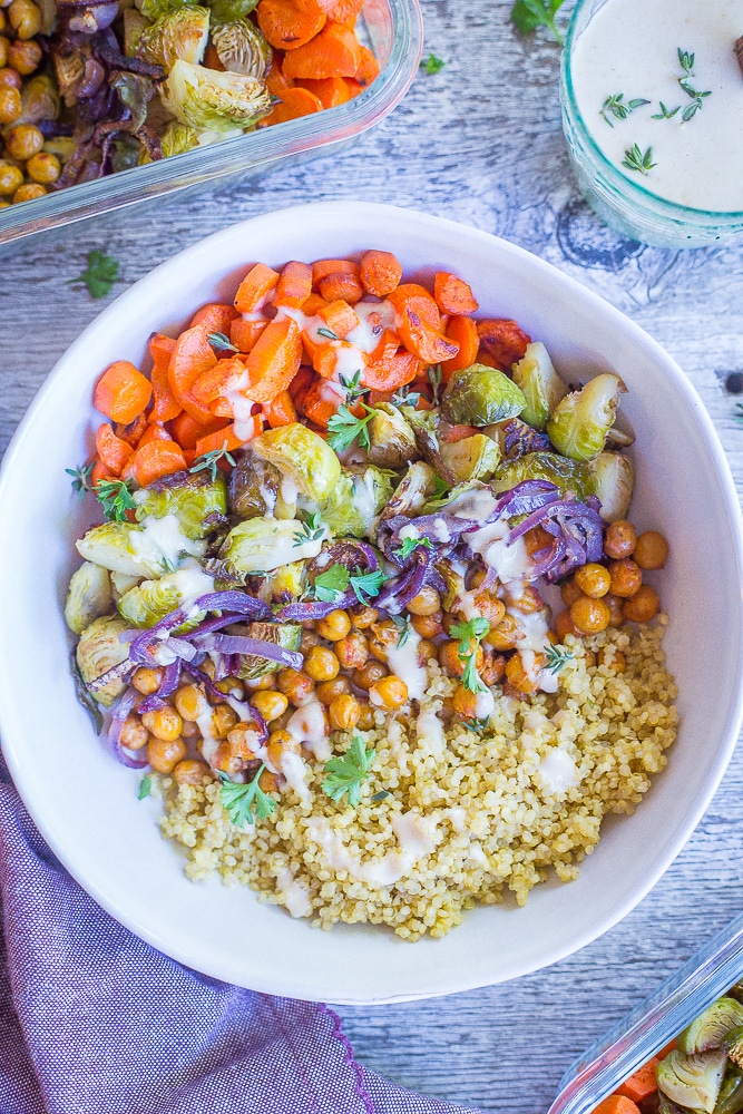 Roasted Sweet Potato and Chickpea Meal Prep Bowls - She Likes Food