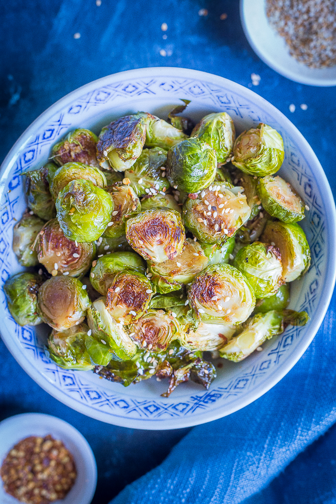 bowl of maple sesame ginger Roasted Brussels sprouts