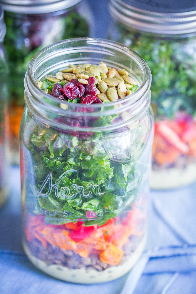 Lentil, Sweet Potato and Kale Meal Prep Salads with Curry Tahini Dressing - These delicious, healthy and filling salads are easy to make and great to have on hand for lunch all week long! Gluten Free, Vegan, Vegetarian, Meal Prep