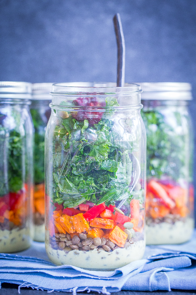 Lentil, Sweet Potato and Kale Meal Prep Salads with Curry Tahini Dressing - These delicious, healthy and filling salads are easy to make and great to have on hand for lunch all week long! Gluten Free, Vegan, Vegetarian, Meal Prep