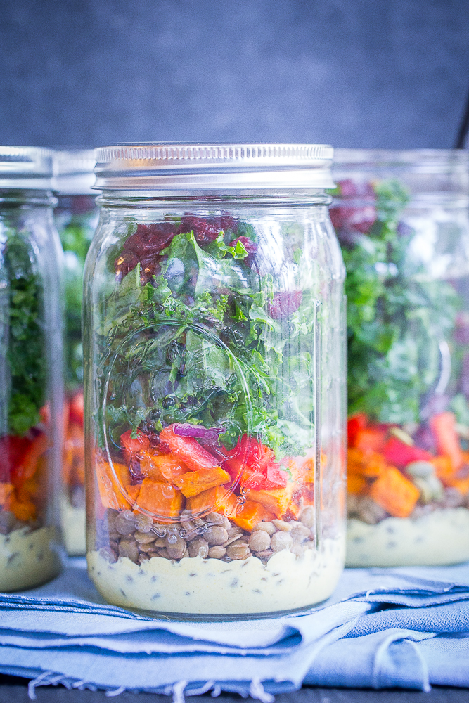 Lentil, Sweet Potato and Kale Meal Prep Salads with Curry Tahini Dressing - These delicious, healthy and filling salads are easy to make and great to have on hand for lunch all week long! Gluten Free, Vegan, Vegetarian, Meal Prep