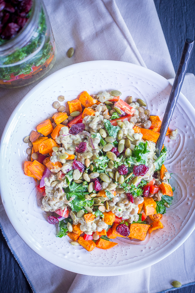 Lentil, Sweet Potato and Kale Meal Prep Salads with Curry Tahini Dressing - These delicious, healthy and filling salads are easy to make and great to have on hand for lunch all week long! Gluten Free, Vegan, Vegetarian, Meal Prep