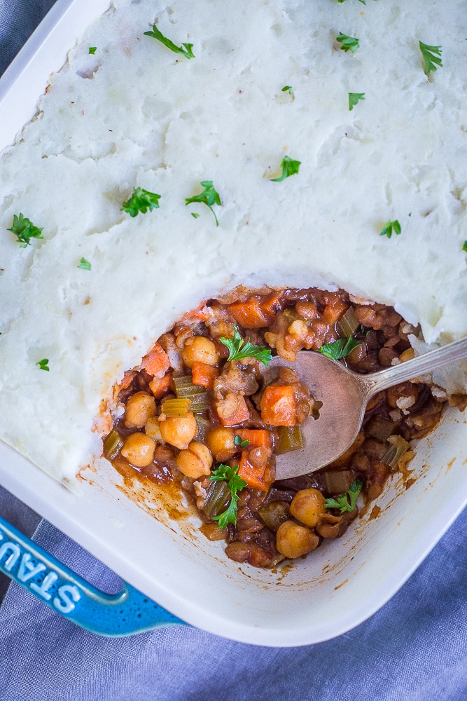 pan of bbq shepherds pie with a spoonful taken out of it