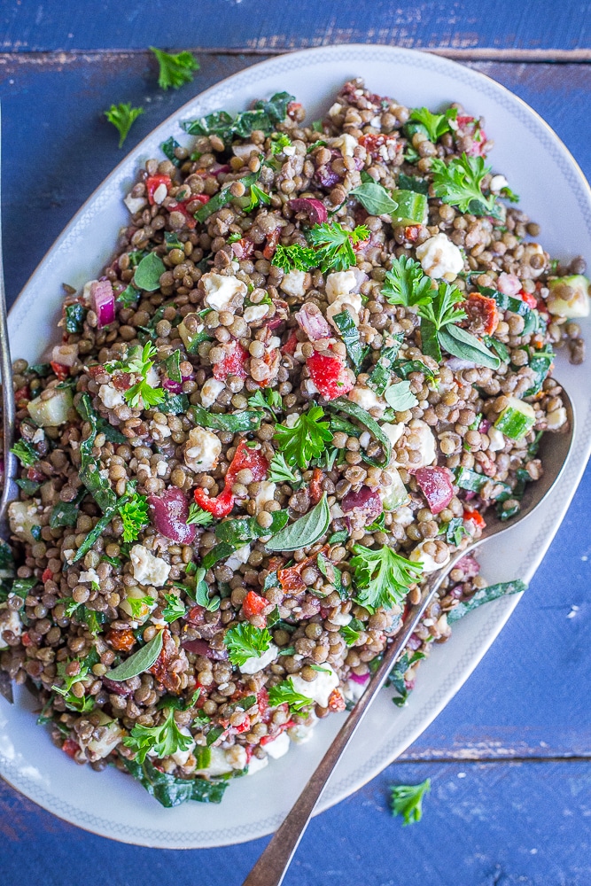 This Mediterranean Lentil Salad is a healthy and filling salad that's so easy to make! It's great for a side dish or lunch! Gluten free and vegetarian!