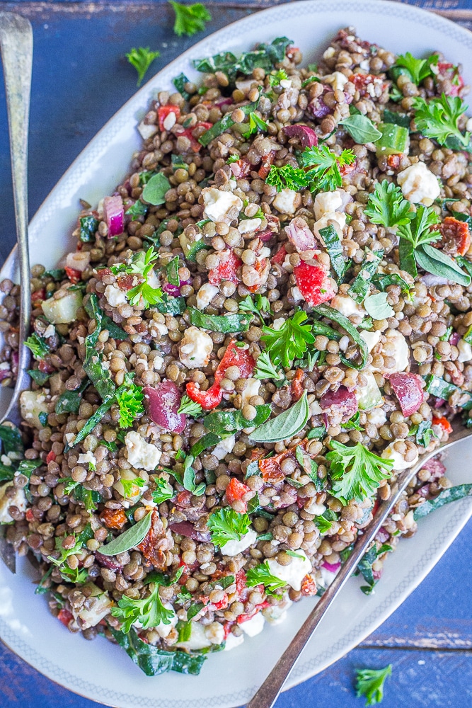 a big plate of Mediterranean lentil salad