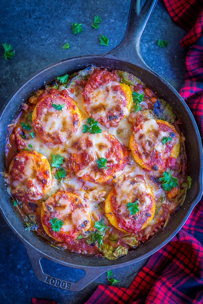 This Polenta Parmesan with White Beans and Spinach is the perfect comforting vegan dinner! It's also packed with protein and veggies! Gluten free, vegan