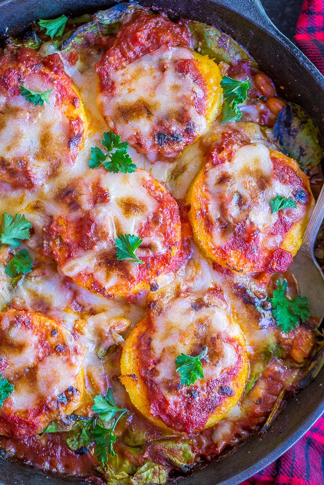 This Polenta Parmesan with White Beans and Spinach is the perfect comforting vegan dinner! It's also packed with protein and veggies! Gluten free, vegan