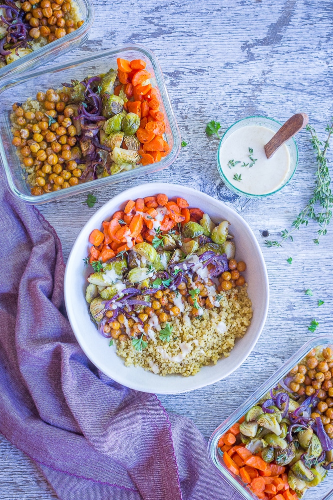 These Roasted Vegetable and Chickpea Meal Prep Bowls are perfect for an easy, healthy and delicious meal prep lunch! They're also gluten free and vegan. Make them on Sunday and you'll have lunch for the next four days!