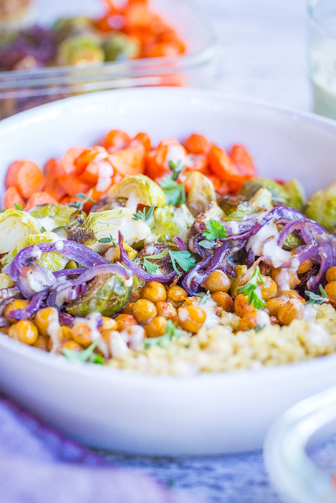 These Roasted Vegetable and Chickpea Meal Prep Bowls are perfect for an easy, healthy and delicious meal prep lunch! They're also gluten free and vegan. Make them on Sunday and you'll have lunch for the next four days!