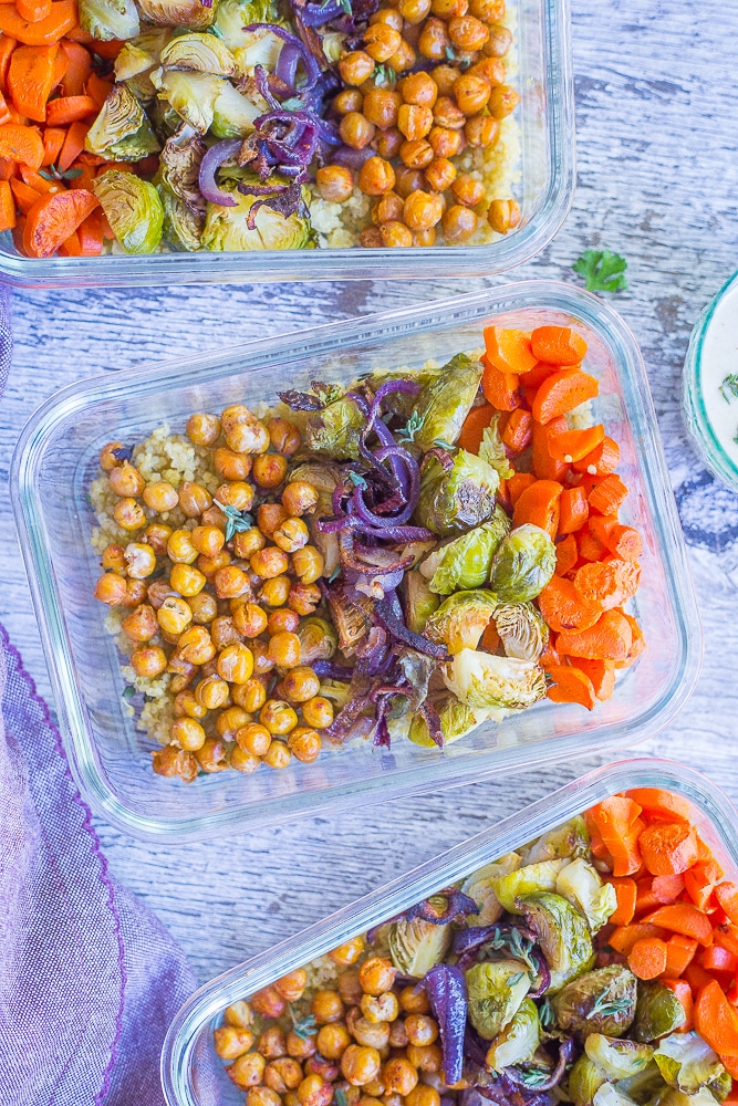 These Roasted Vegetable and Chickpea Meal Prep Bowls are perfect for an easy, healthy and delicious meal prep lunch! They're also gluten free and vegan. Make them on Sunday and you'll have lunch for the next four days!