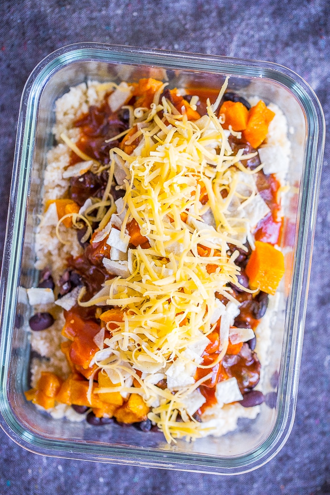 Enchilada Meal Prep Bowls with Butternut Squash and Cauliflower Rice - These delicious and healthy meal prep bowls are also freezer friendly so you can enjoy them whenever you want! They're great for lunch or dinner and easy to make! Gluten free and vegetarian!