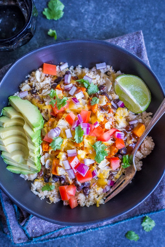 Enchilada Meal Prep Bowls with Butternut Squash and Cauliflower Rice - These delicious and healthy meal prep bowls are also freezer friendly so you can enjoy them whenever you want! They're great for lunch or dinner and easy to make! Gluten free and vegetarian!