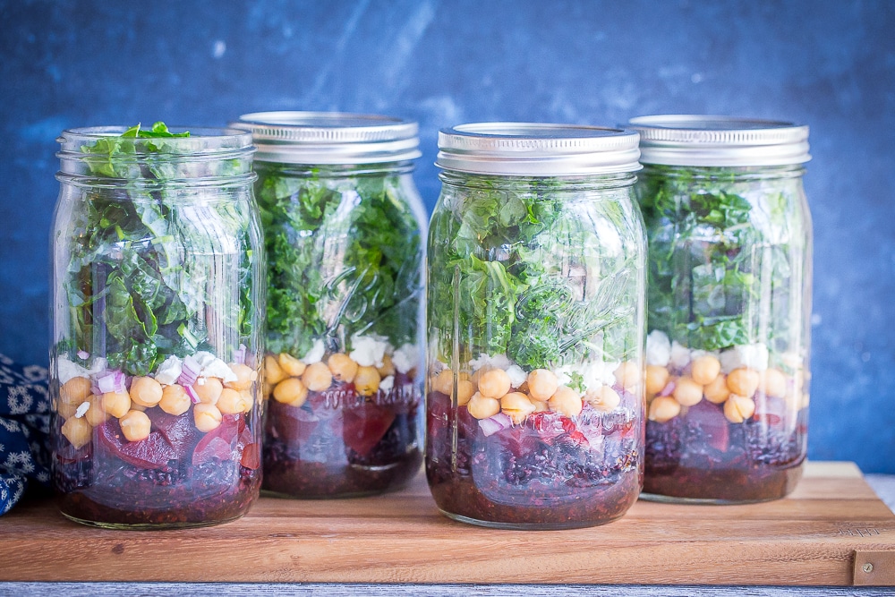 Roasted Beet, Chickpea and Black Rice Meal Prep Salads - These healthy and delicious salads are easy to prep and are great to have around for a quick and easy lunch! Make them on Sunday and have lunch for four days! Gluten free too!