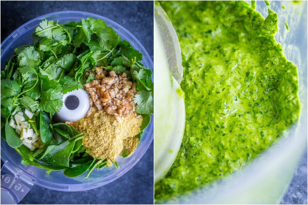 Collage: left photo is the cilantro lime pesto ingredients in a food processor, right side is the finished pesto