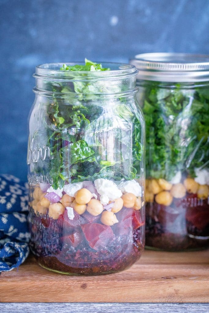 Roasted Beet, Chickpea and Black Rice Meal Prep Salads - These healthy and delicious salads are easy to prep and are great to have around for a quick and easy lunch! Make them on Sunday and have lunch for four days! Gluten free too!