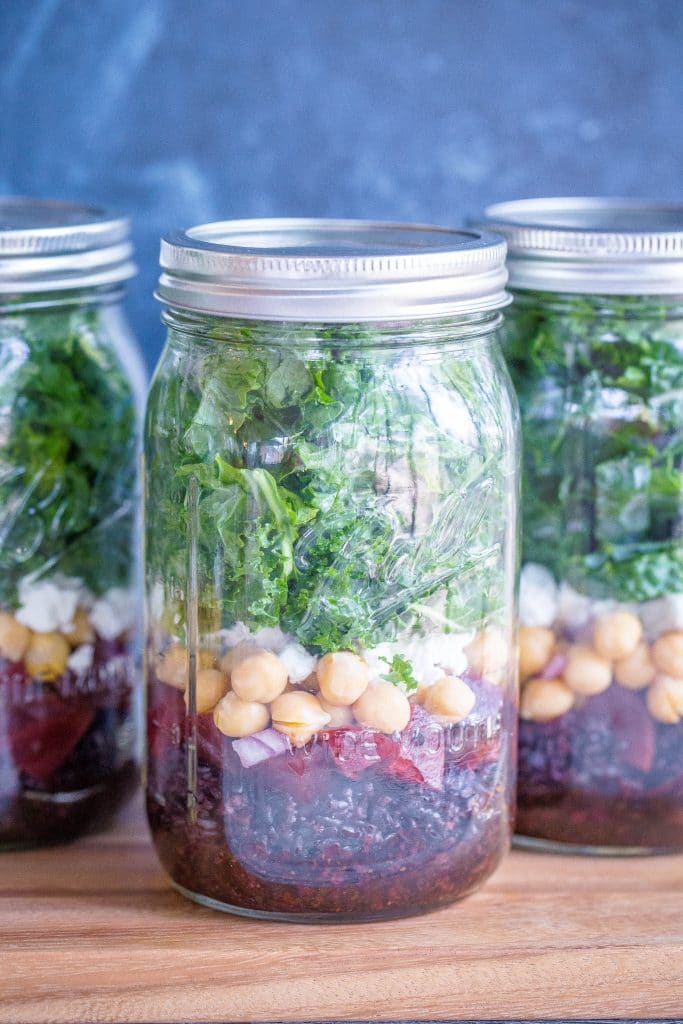 Roasted Beet, Chickpea and Black Rice Meal Prep Salads - These healthy and delicious salads are easy to prep and are great to have around for a quick and easy lunch! Make them on Sunday and have lunch for four days! Gluten free too!
