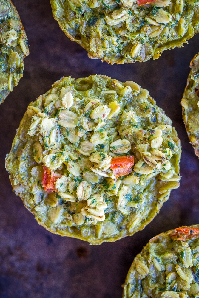 Pesto Tomato - These Make Ahead Savory Baked Oatmeal Cups are perfect if you're looking for a savory vegan breakfast recipe that's easy to make and great for meal prep! There's six different flavors so you'll never get bored! They're also perfect for an afternoon snack or light lunch! Gluten free too!
