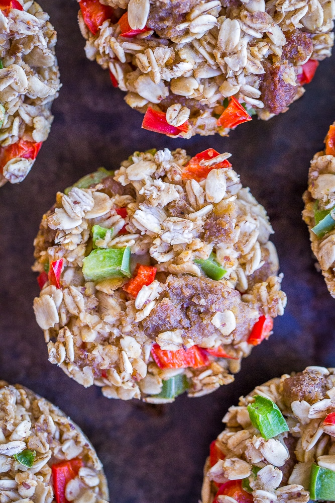 Veggie Sausage and Peppers - These Make Ahead Savory Baked Oatmeal Cups are perfect if you're looking for a savory vegan breakfast recipe that's easy to make and great for meal prep! There's six different flavors so you'll never get bored! They're also perfect for an afternoon snack or light lunch! Gluten free too!