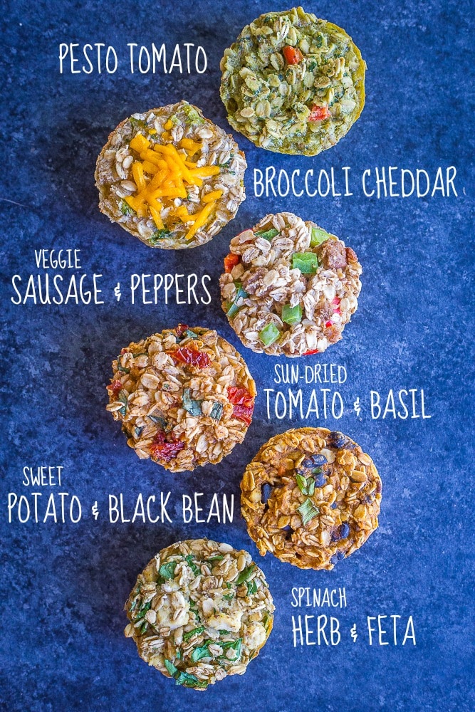 These Make Ahead Savory Baked Oatmeal Cups are perfect if you're looking for a savory vegan breakfast recipe that's easy to make and great for meal prep! There's six different flavors so you'll never get bored! They're also perfect for an afternoon snack or light lunch! Gluten free too!