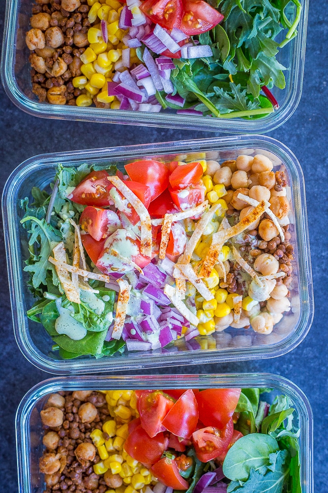 These Chickpea and Lentil Taco Salad Meal Prep Bowls are healthy, easy and delicious! You can make them in under 30 minutes and you will have lunch for 4 days prepped and ready to go! Each bowl has only 2 Freestyle Weight Watchers points! Gluten free, vegetarian and vegan friendly!