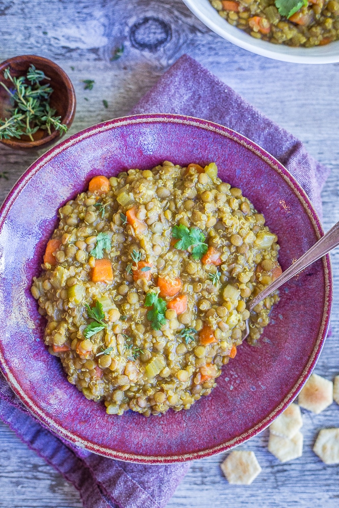 This Curried Lentil Quinoa Soup is so hearty and filing! It's made super flavorful with the curry powder and perfect for a comforting dinner or lunch! Naturally gluten free and vegan!