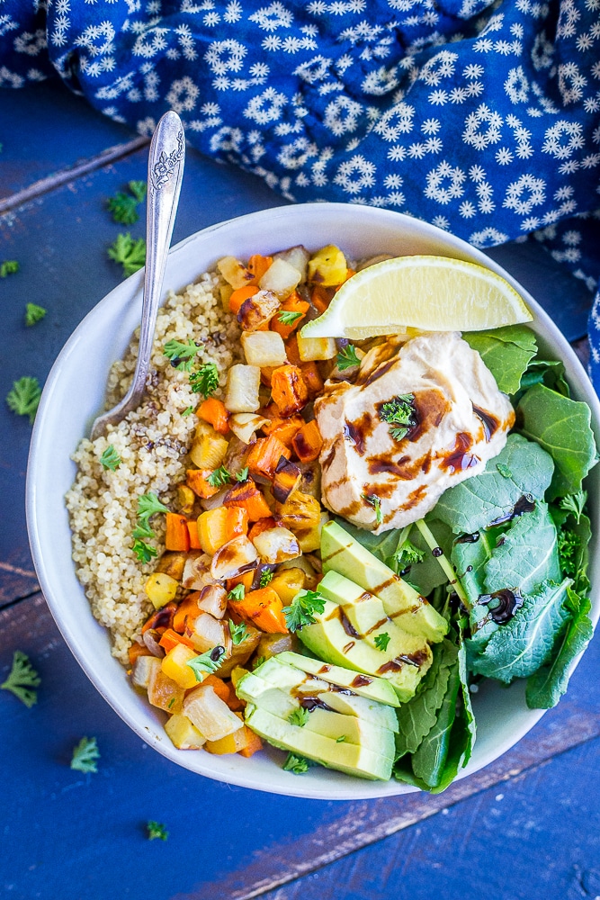 These Roasted Root Vegetable Buddha Bowls are packed with veggies and protein making them a healthy and filling lunch or dinner! Easy to make and great for meal prep! They're also gluten free and vegan!