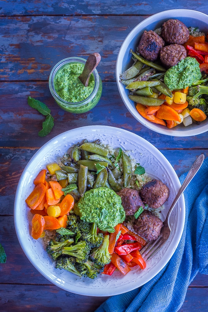 These Spring Vegetable and Meatball Bowls with Pesto are fresh, flavorful and filling! They're perfect for a quick, easy and healthy dinner or a meal prep lunch! They have all the delicious flavors of spring combined with the coziness of winter! A delicious #MeatlessMonday meal that the whole family will love!