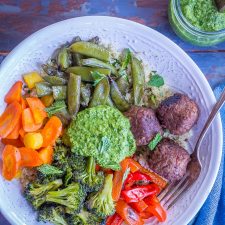 Spring Vegetable and Meatless Meatball Bowls with Pesto