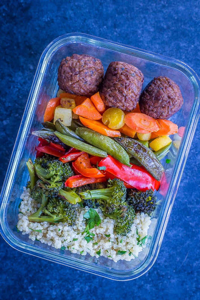 These Spring Vegetable and Meatball Bowls with Pesto are fresh, flavorful and filling! They're perfect for a quick, easy and healthy dinner or a meal prep lunch! They have all the delicious flavors of spring combined with the coziness of winter! A delicious #MeatlessMonday meal that the whole family will love!