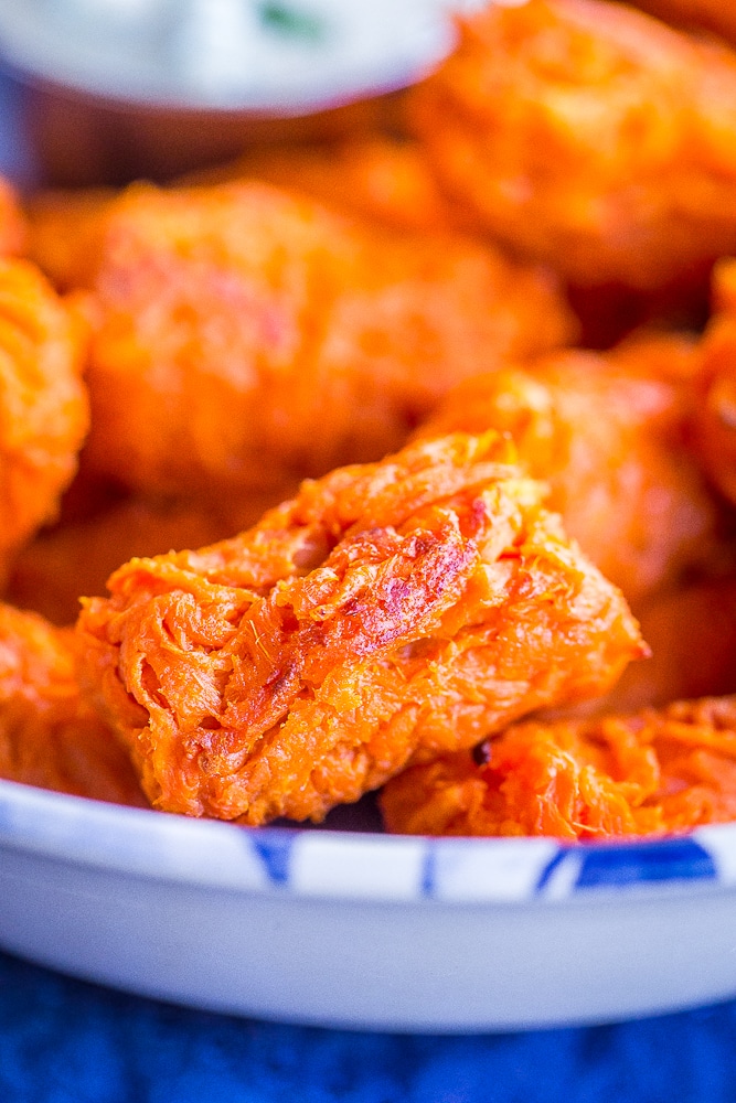 Close up of a crispy sweet potato tot