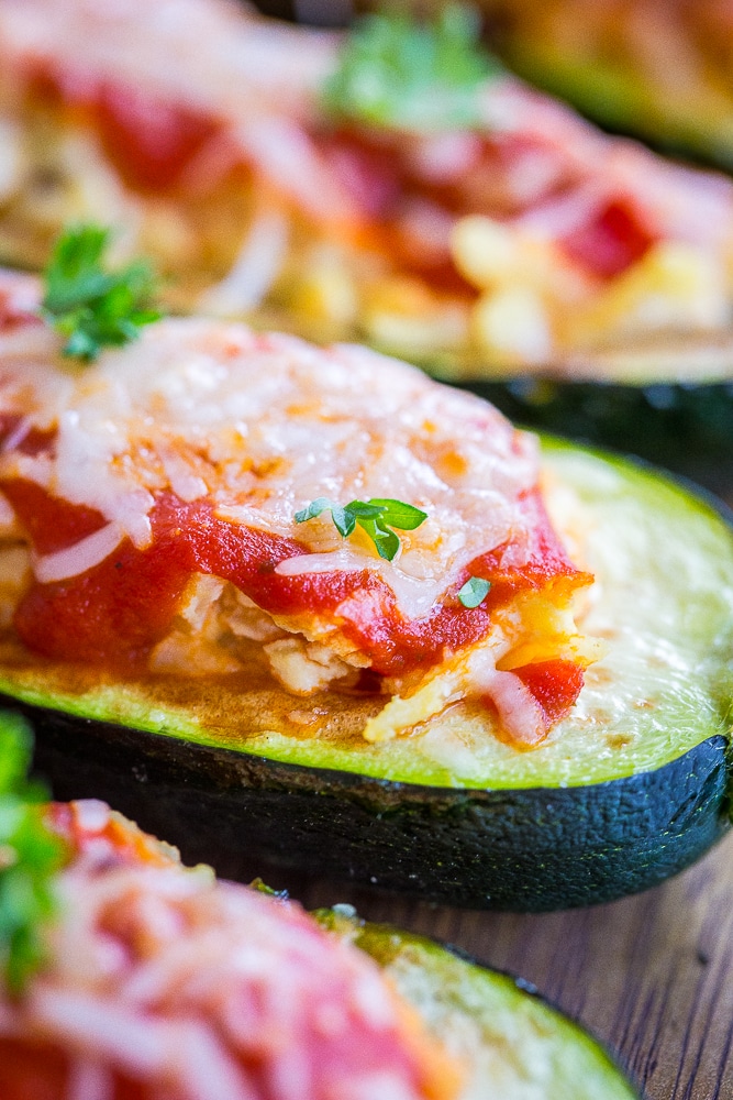 Side view of Lasagna Zucchini Boats with Orzo