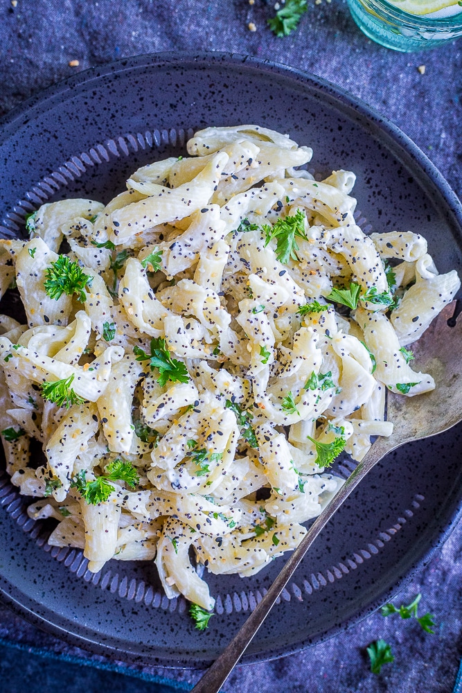 Overview of a plate of 30 Minute Creamy Goat Cheese Pasta with Everything Bagel Spice