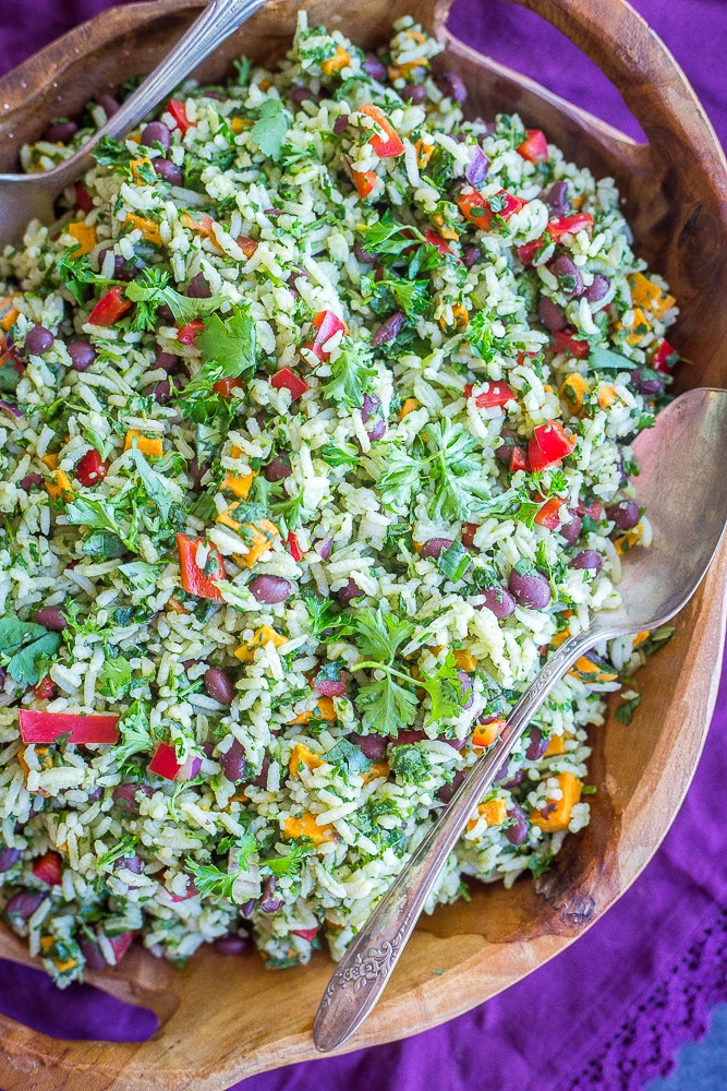 A big bowl of Green Rice with Black Beans and Sweet Potato