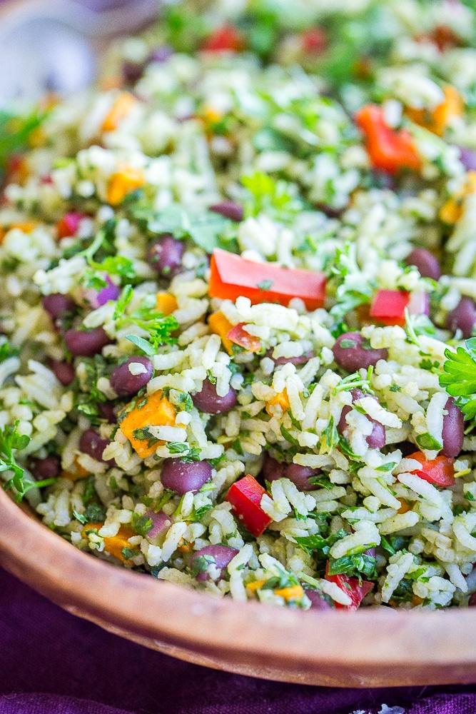 A close up view of Green Rice with Black Beans and Sweet Potato