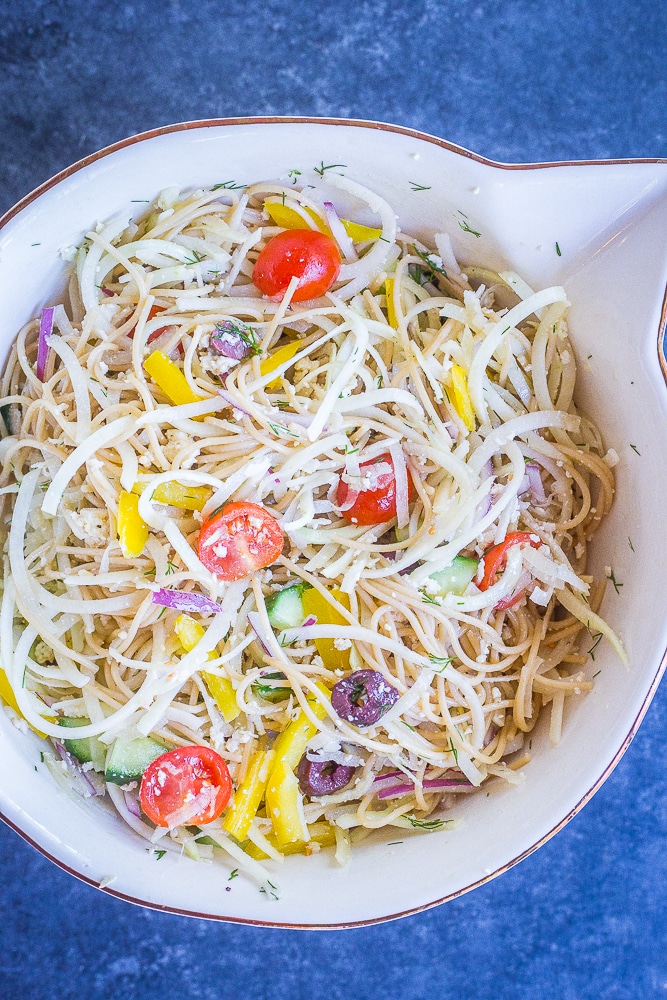 A big bowl of Healthy Greek Pasta Salad with Kohlrabi Noodles