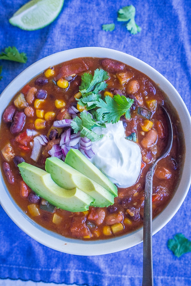 Instant Pot Vegetarian Chili in a bowl with toppings